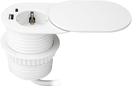 Multiprise encastrable Orno - fiche de distribution coulissante avec 1 prise - USB A C - multiprise ø 60 mm avec câble de 1,9 mètre - mise à la terre - blanc