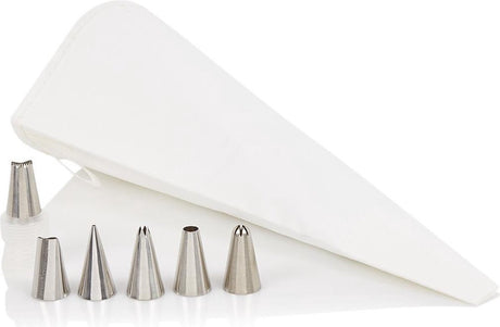 Seringue de décoration Westmark, set de garniture avec poche à douille, avec pièce intermédiaire et 6 douilles, 7 pièces, longueur : env. 27 cm, coton enduit inox, poignée, blanc argent, 31002260