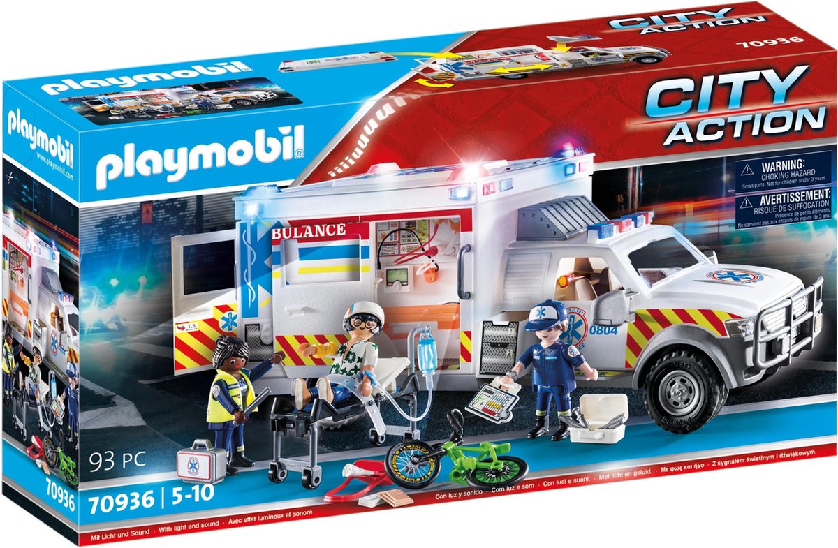 Véhicule de sauvetage d'action Playmobil City : ambulance américaine - 70936