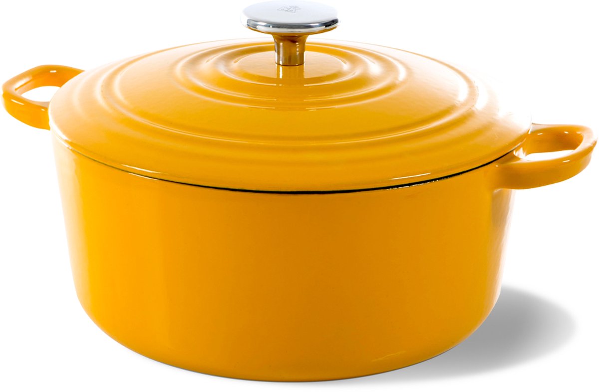 Bk bourgogne braadpan gietijzer 24cm 4.2l - inductie braadpan - gietijzeren braadpan - ovenbestendig tot 230 graden - deksel met druipringen - wit geëmailleerde binnenkant - sunny yellow