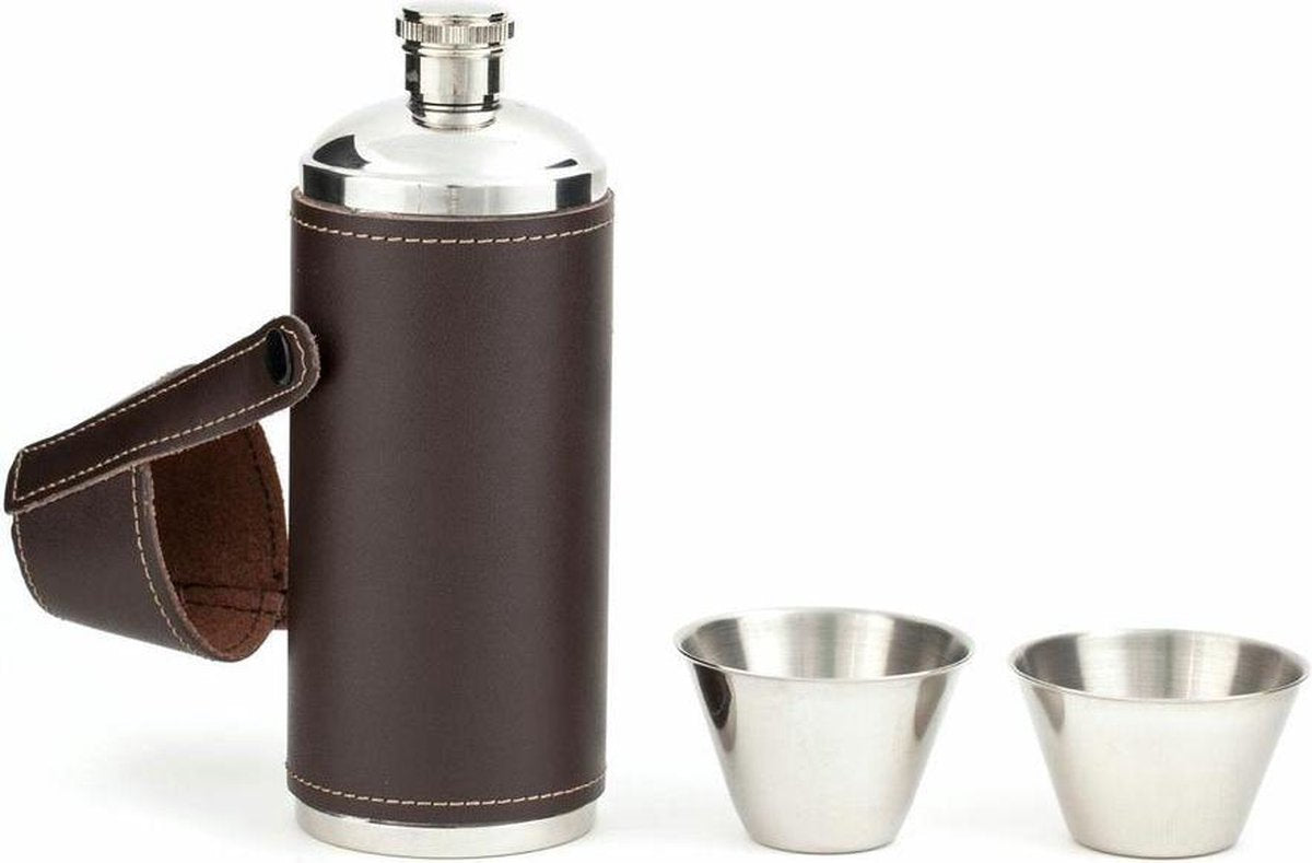 Gourde Kikkerland - cantine - comprenant 2 verres à shot - étui en cuir - idéale pour la randonnée, les pique-niques et le camping