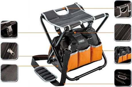 Neo - sac à outils avec tabouret - bandoulière réglable - 6 poches extérieures