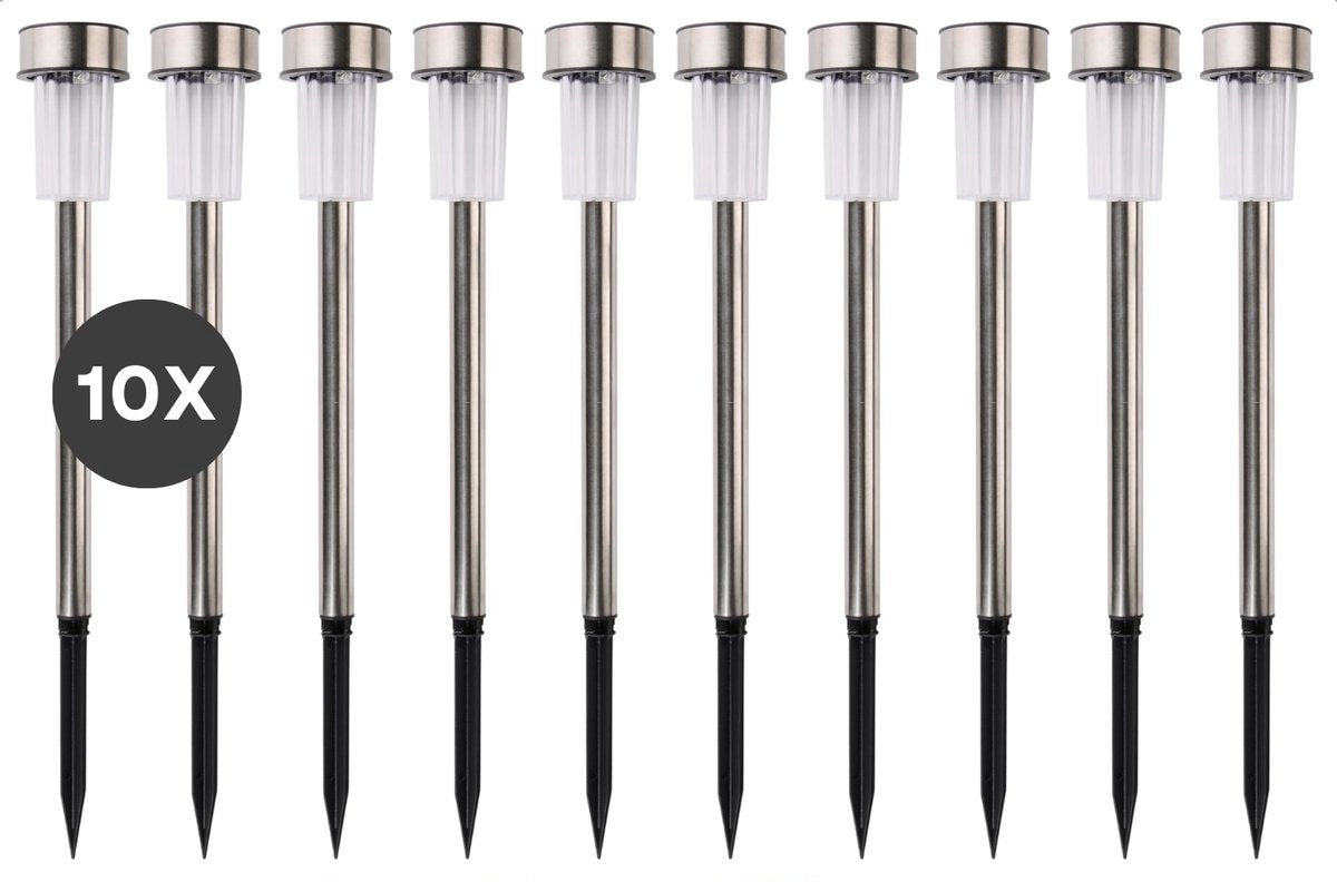 Éclairage de jardin solaire Grundig - torches de jardin 10 pièces - spot solaire - lanternes de jardin à lumière blanche - résistante à l'eau IP44 - autonomie de la batterie 6-8 heures - ø4,8 x 36,5 cm - acier inoxydable