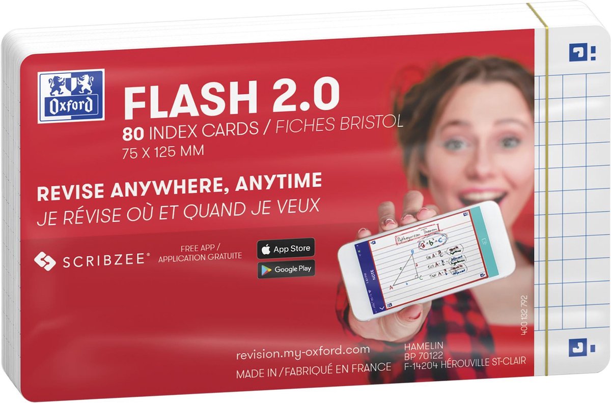 Oxford flash 2.0 - flashcards - geruit 5mm - a7 - wit - 80 stuks