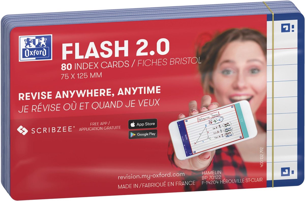 Oxford flash 2.0 - flashcards - ligné - a7 - bordure bleue - 80 pièces