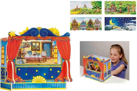Théâtre de marionnettes Goki - marionnettes à doigts - avec 5 décors interchangeables - 28x20x25cm - bois