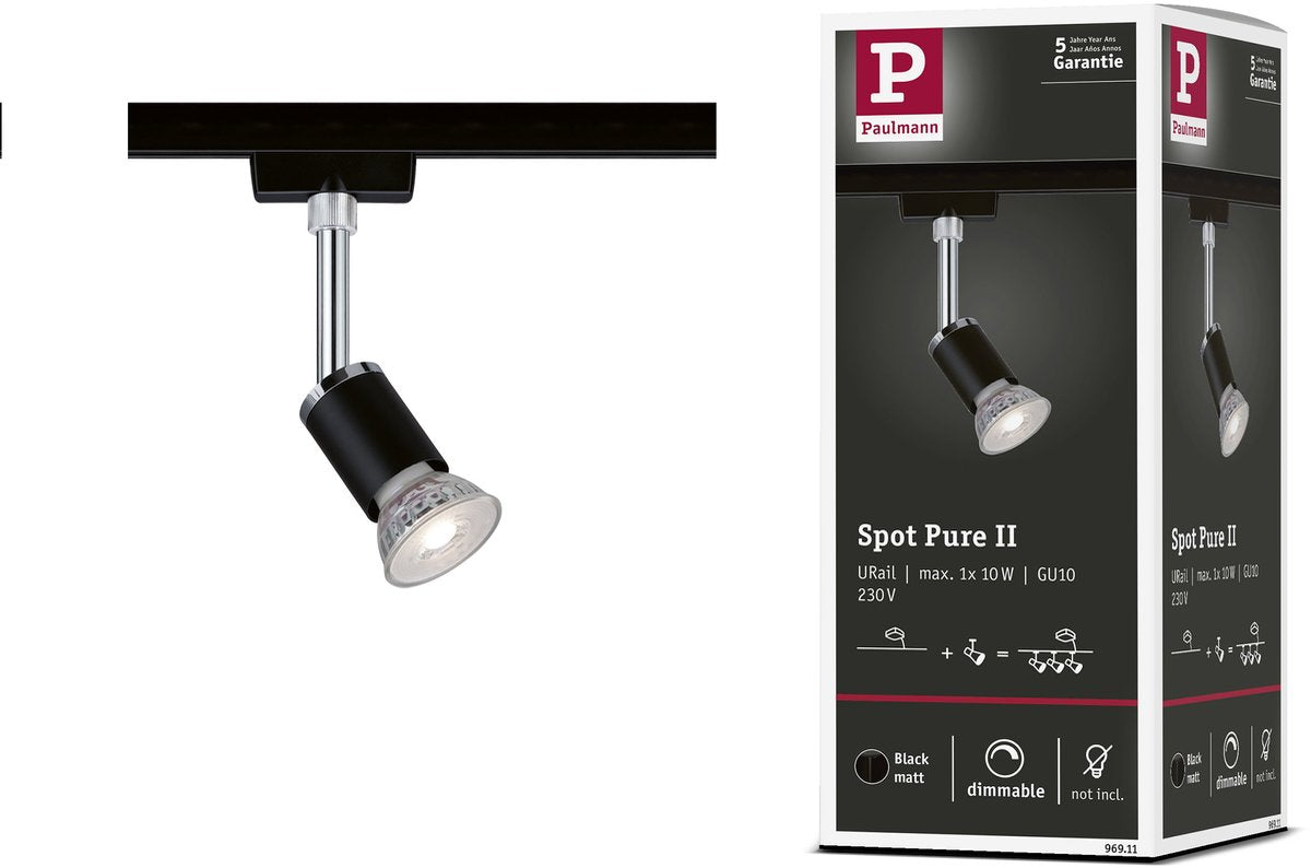 Paulmann urail rail spot pure ii spot séparé gu10 max. 10w dimmable 230v noir mat