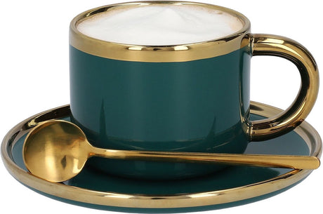 Homla tasse à café sensorielle en porcelaine avec cuillère à soucoupe - ensemble de tasses à café tasse à thé - acier inoxydable vintage 200ml or émeraude