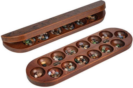 Jeu Philos Kalaha, planche de bois pliante, jeu familial stratégique.