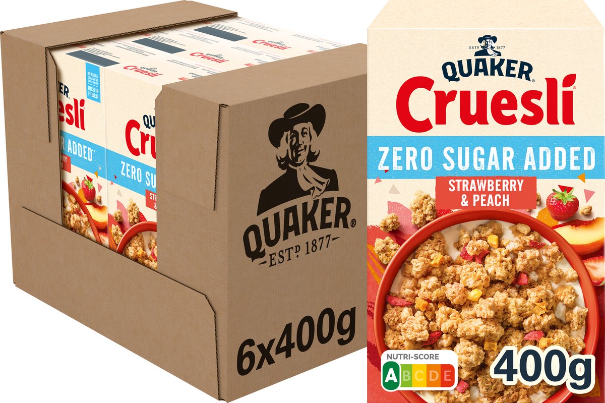 Quaker cruesli sans sucre ajouté fraise pêche - céréales pour petit déjeuner - 6 x 400 grammes