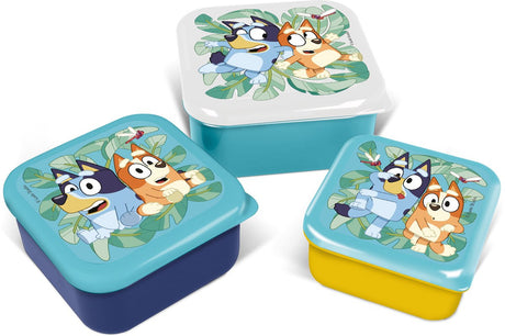 Stor bluey Boîtes à goûter 3 en 1 - 3 tailles - carrées - bien fermées - boîtes à lunch pour enfants - couvercle amovible - adaptées aux biscuits, fruits et collations - bleu foncé turquoise jaune