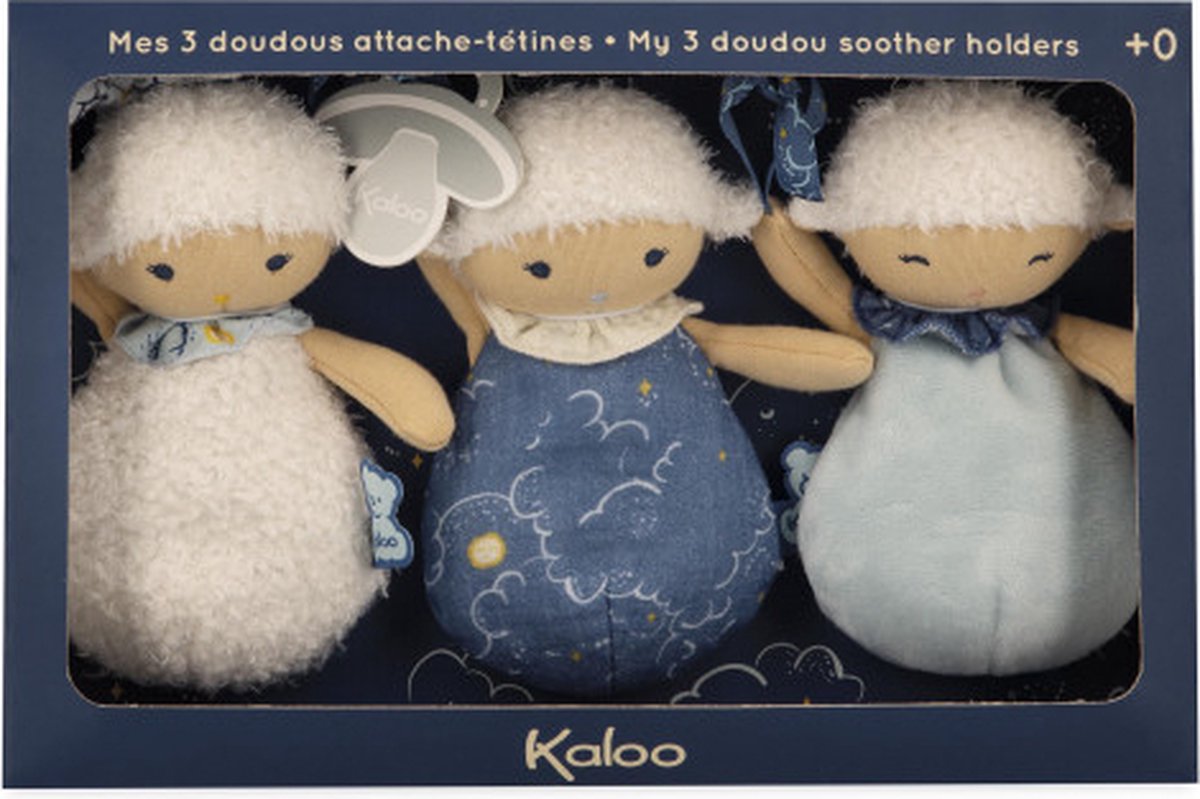 Kaloo doux sommeil - 3 doudou moutons - trois attache-tétines moutons, chacun avec sa particularité et sa couleur, pour que bébé puisse l'utiliser comme doudou, mais la tétine peut également être attachée au ruban fin