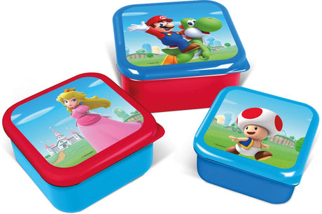 Stor Boîtes à collation 3 en 1 Super Mario de Nintendo - 3 tailles - carrées - ferment hermétiquement - boîtes à lunch pour enfants - couvercle amovible - convient aux biscuits, fruits et collations - bleu rouge