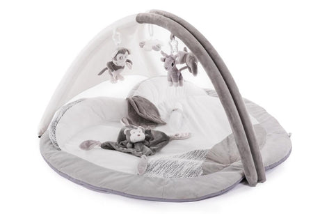 Bo jungle - tapis de jeu bébé avec arche de jeu - pliable avec sac de rangement - baby gym - tissu doux - 4 peluches - 90 x 60 cm - play gym gris pomme - tapis de jeu