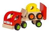 Véhicule en bois Goki : semi-remorque avec bulldozer 34x8,5x12,5cm, avec pneus caoutchouc, 2+