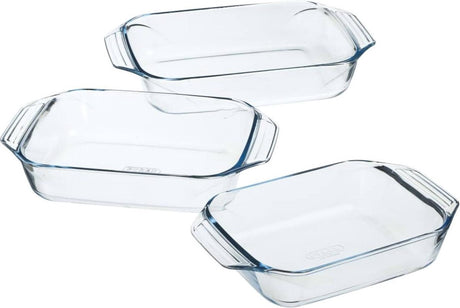 Set de plats à four optimal Pyrex 2,1 l - 2,9 l - 3,8 l - 31 x 20 x 6 cm - 35 x 32 x 6 cm - 39 x 28 x 7 cm