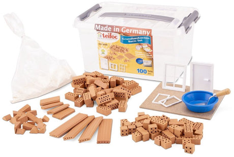 Coffret de construction Teifoc ® - set de base - plus de 100 pièces - véritables mini briques avec ciment, bol et truelle - kit de construction pour enfants à partir de 6 ans
