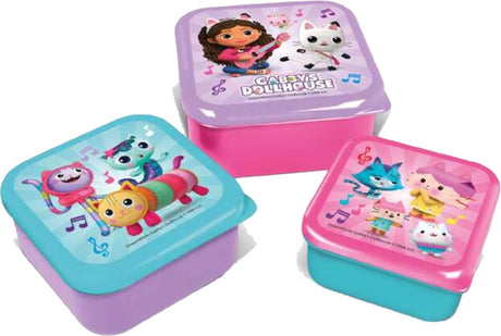 Boîtes à collation 3 en 1 Stor Gabby's Dollhouse - 3 tailles - carrées - ferment hermétiquement - boîtes à lunch pour enfants - couvercle amovible - convient aux biscuits, fruits et collations - violet rose turquoise