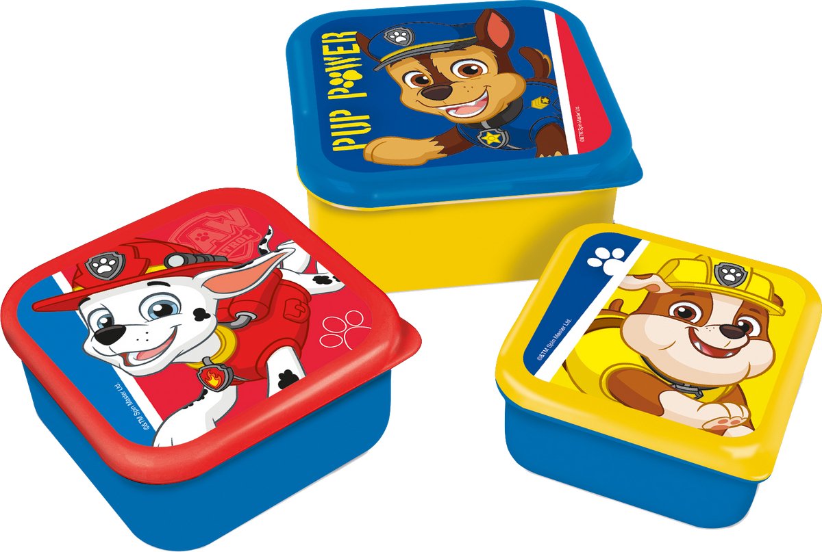 Stor paw patrol 3-in-1 snackdoosjes - 3 formaten - vierkant - sluit goed af - lunchboxen voor kinderen - los deksel - geschikt voor koekjes, fruit en snacks - blauw geel