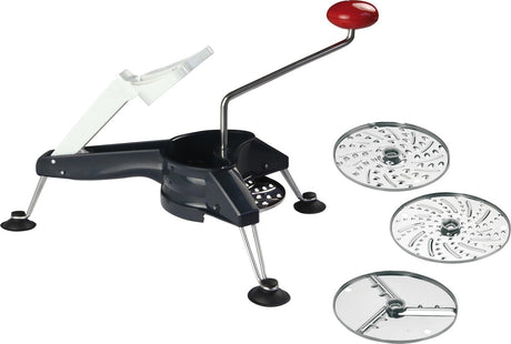Râpe à légumes rotative Westmark avec 3 disques, lames inox, schnitzel mouli, rouge argent anthracite, 11712260