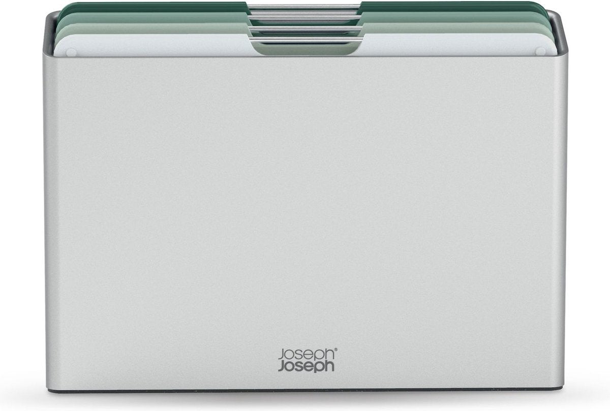 Joseph joseph folio™ ensemble de planches à découper 4 pièces – grande – vert clair – code couleur – avec support de rangement – poignées en acier inoxydable