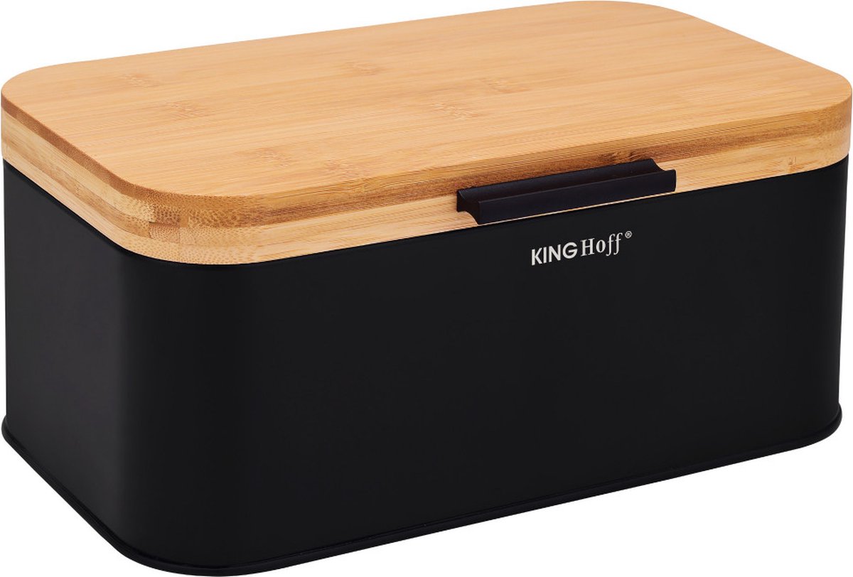 Kinghoff - boîte à pain - boîte à pain compacte avec couvercle en bambou - boîte à pain en acier - boîte à pain cuisine - boîte à pain moderne - 30 x 20 cm - noir