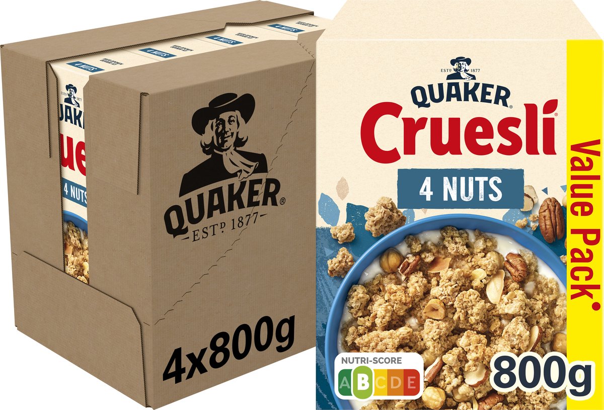 Quaker cruesli 4 noix - céréales pour petit déjeuner - 4 x 800 grammes