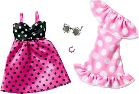 Mattel Barbie 2-pack vêtements et accessoires - 2 robes d'été à pois, lunettes de soleil et bracelet