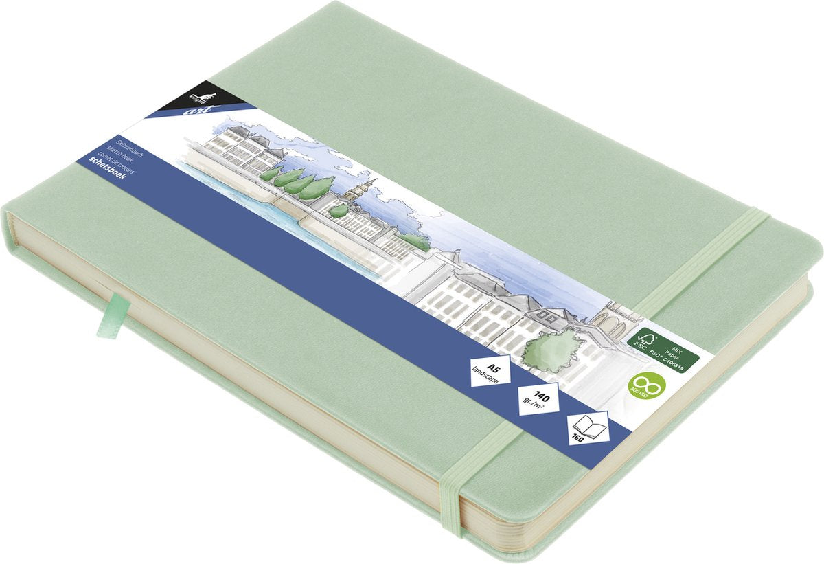 Kangaro schetsboek - a5 landscape - mint - pu hardcover - met elastiek en lint
