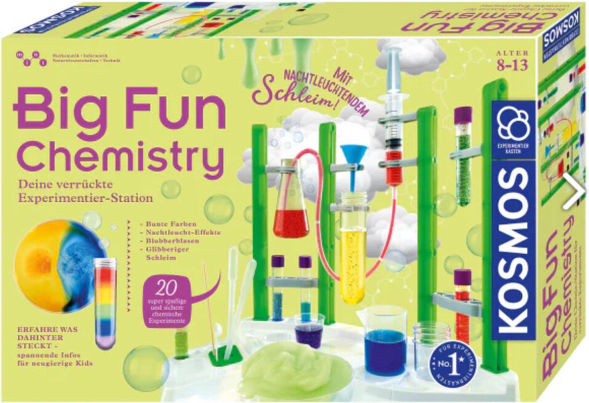 Kosmos big fun chemistry – ensemble d'expériences – 17 pièces – 20 expériences – y compris du slime qui brille dans le noir – laboratoire de chimie
