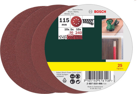 Jeu de feuilles abrasives Bosch 25 pièces pour ponceuses excentriques 115 mm - grain 80 ; 120 ; 240