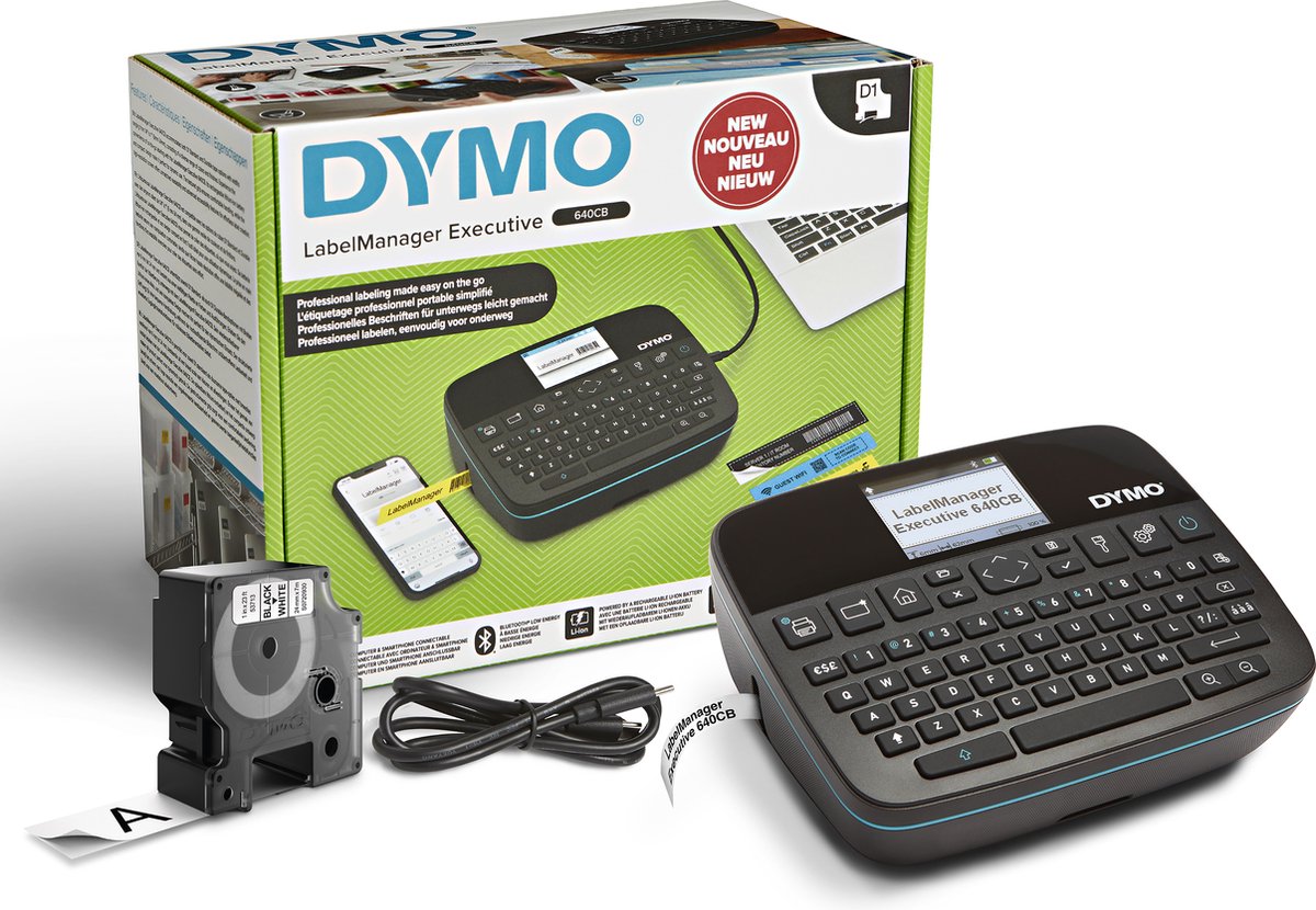 Imprimante d'étiquettes portable Dymo Label Manager Executive 640 CB | étiqueteuse compacte avec clavier qwerty | Connectivité Bluetooth et USB | Compatible avec les étiquettes standard D1 et durables