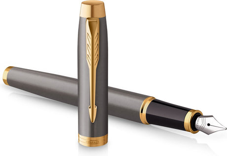 Parker dans un stylo plume | peinture grise avec détails dorés | plume en acier inoxydable poli | encre bleue | emballage cadeau