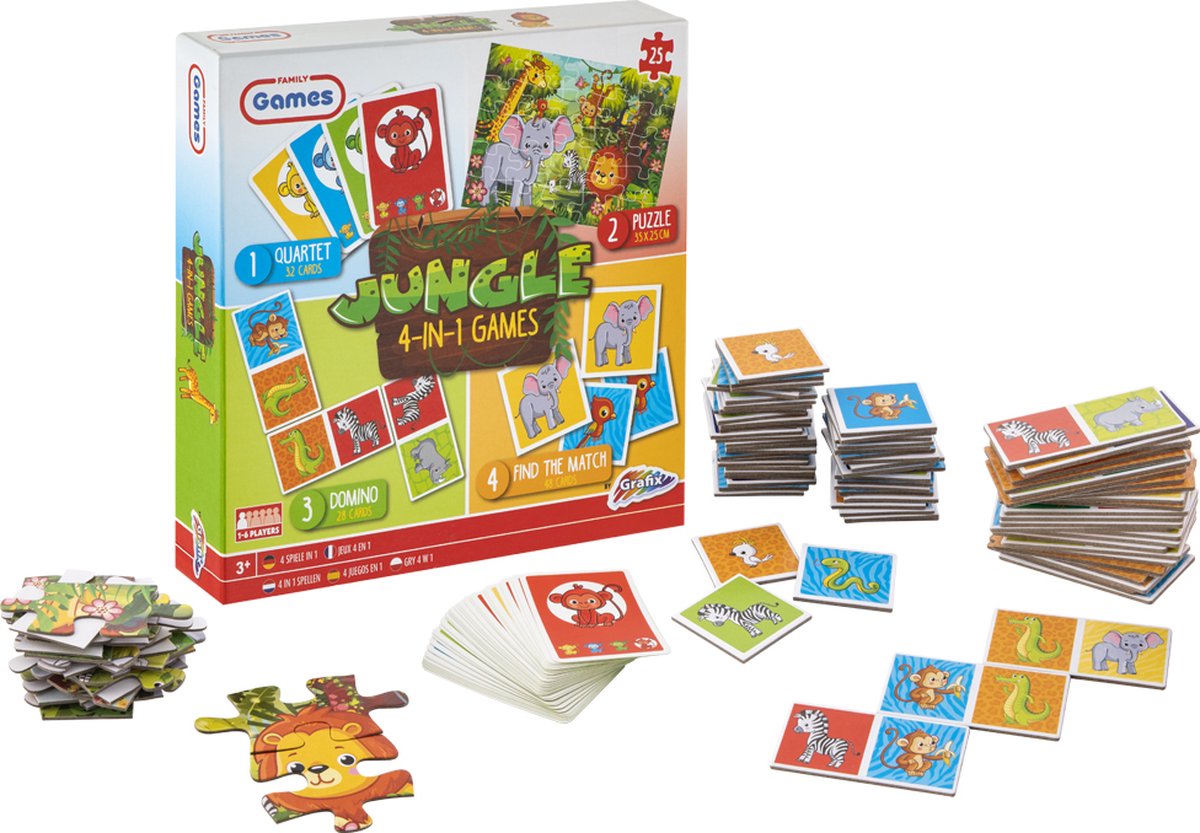 Jeux de cartes Grafix 4-en-1 pour enfants | thème de la jungle | casse-tête | jeu de réflexion | adapté aux enfants à partir de 5 ans