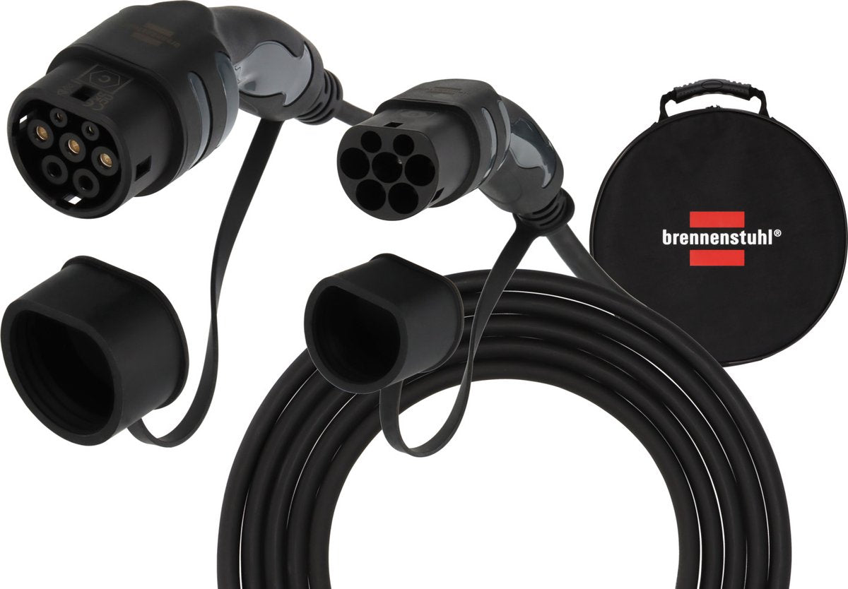 Câble de charge Brennerstuhl ev type 2 11kw (câble de charge e-mobility type 2 5m, ip55, triphasé, câble mode 3 avec sac pour véhicules hybrides électriques)