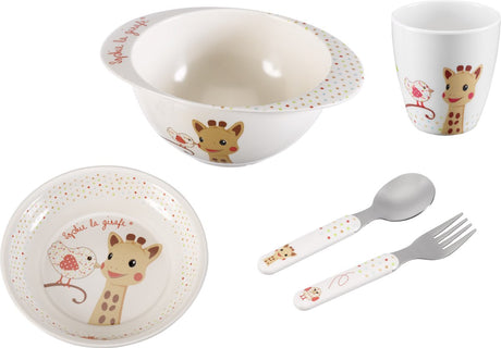 Coffret repas Sophie la girafe - vaisselle enfant - assiette enfant - gobelet - bol - couverts enfant - passe au lave-vaisselle - à partir de 6 mois - 5 pièces - beige rouge