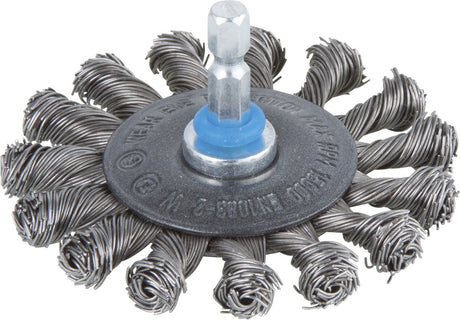 Wolfcraft - Brosse à disque en fil d'acier pour perceuse tressée - Brosse métallique hexagonale 75mm - 2119000