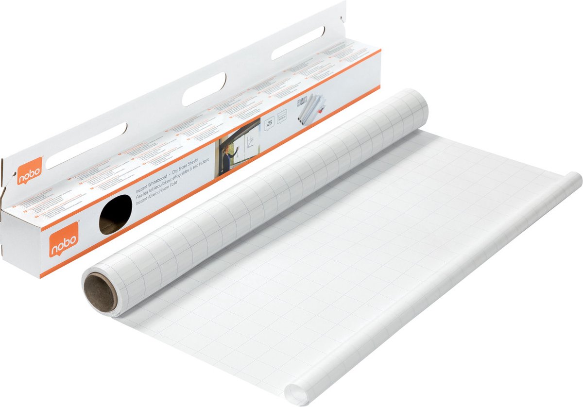 Feuilles effaçables à sec pour tableau blanc instantané Nobo à carreaux en rouleau - 25 feuilles électrostatiques - 60x80cm - blanc