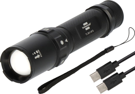 Lampe de poche LED rechargeable Brennerstuhl TL 801 AFS IP44 (800 lm, portée lumineuse de 230 m, focalisable, max. 42 heures, 6 modes avec stroboscope SOS, lampes IP44 pour l'extérieur avec câble de chargement USB C)