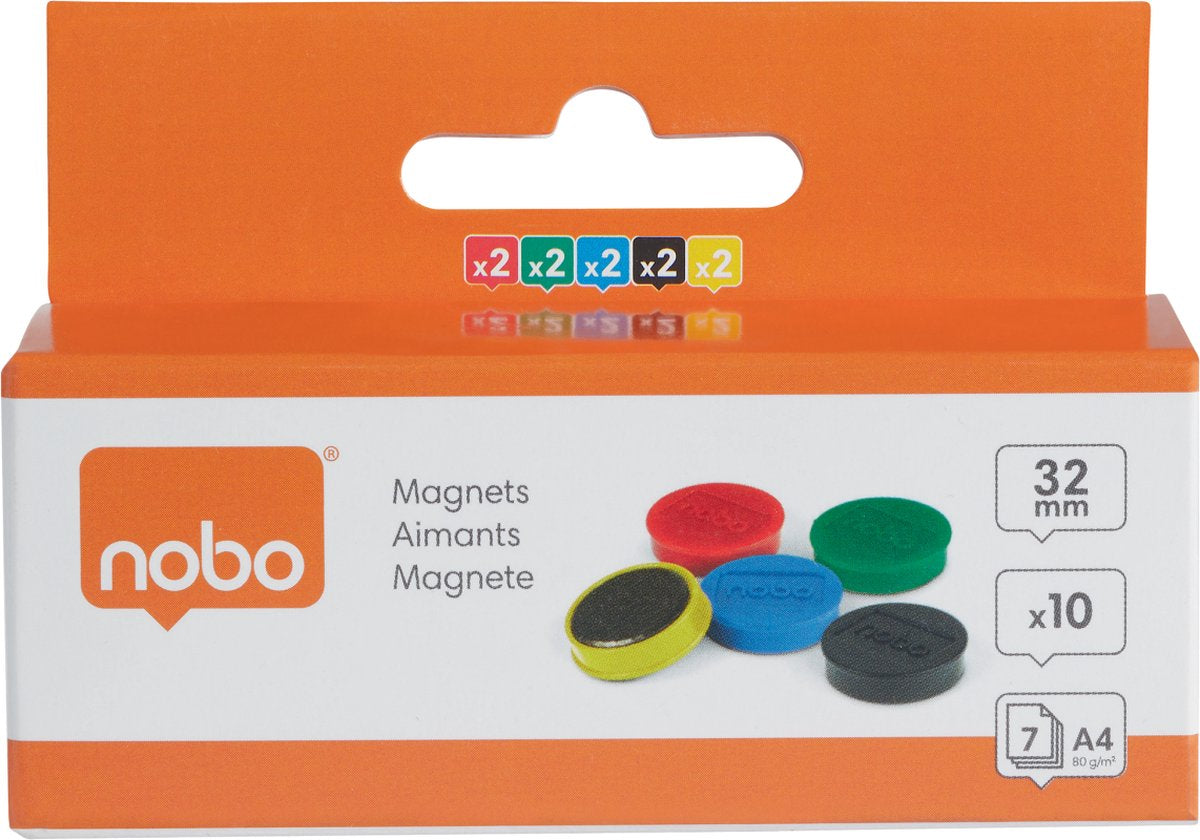 Aimants magnétiques pour tableau blanc Nobo - pack de 10 - Aimants 32 mm - assortiment de 5 couleurs