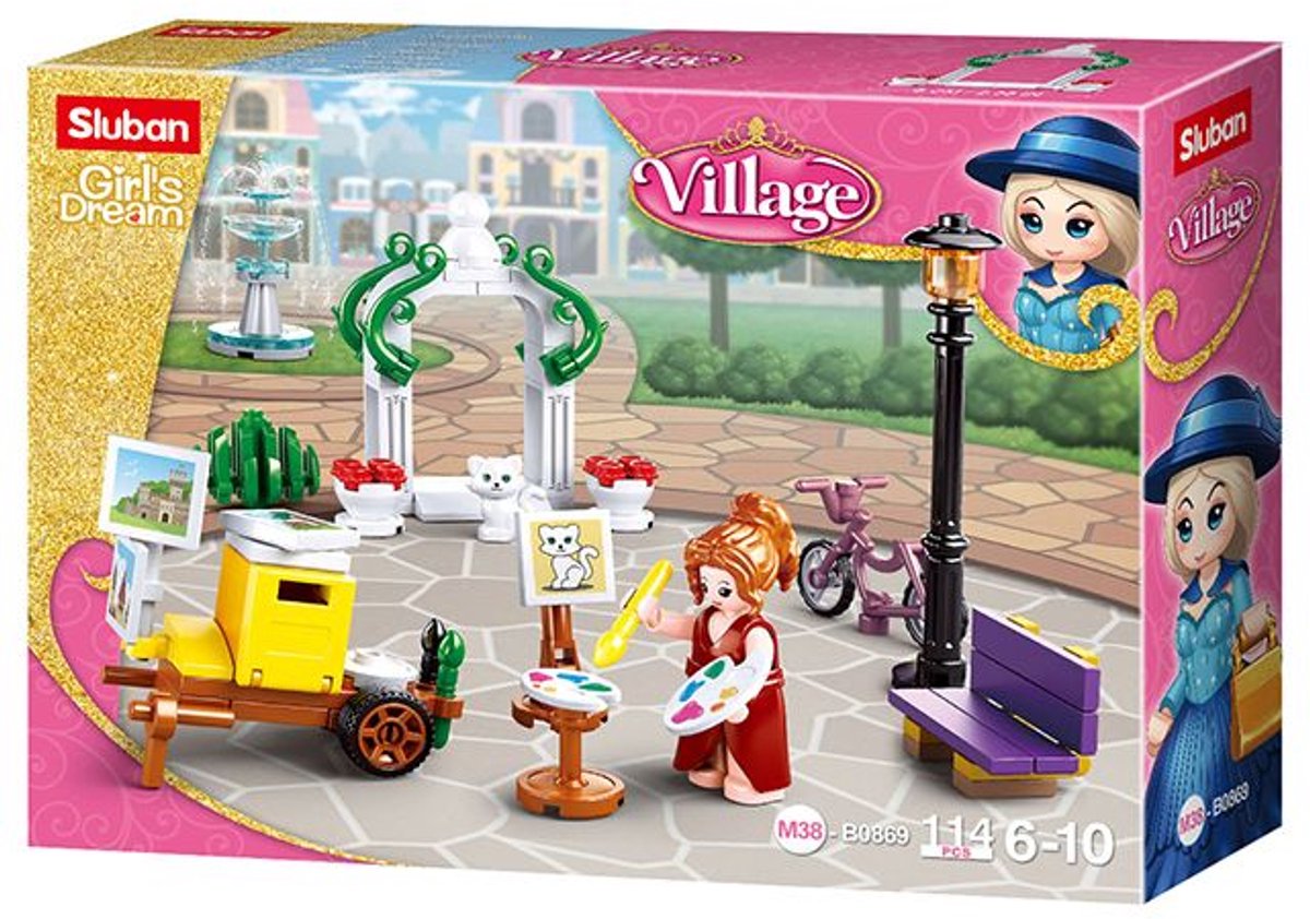 Sluban Girls Dream Village Park Painter Jouets de construction pour enfants à partir de 6 ans - Jouets de construction Scène de parc de construction modèle - Boîte de construction avec 114 blocs de construction et 1 figurine - m38-b0869