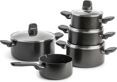 Greenpan Memphis set de poêles 9 pièces - 16 18 20 24 cm - 1,6 1,6 2,1 3,1 4,9 l - revêtement antiadhésif sans PFA - poêle à induction - poêle en céramique - passe au four jusqu'à 160°c - poignées froides - avec couvercle en verre - noir