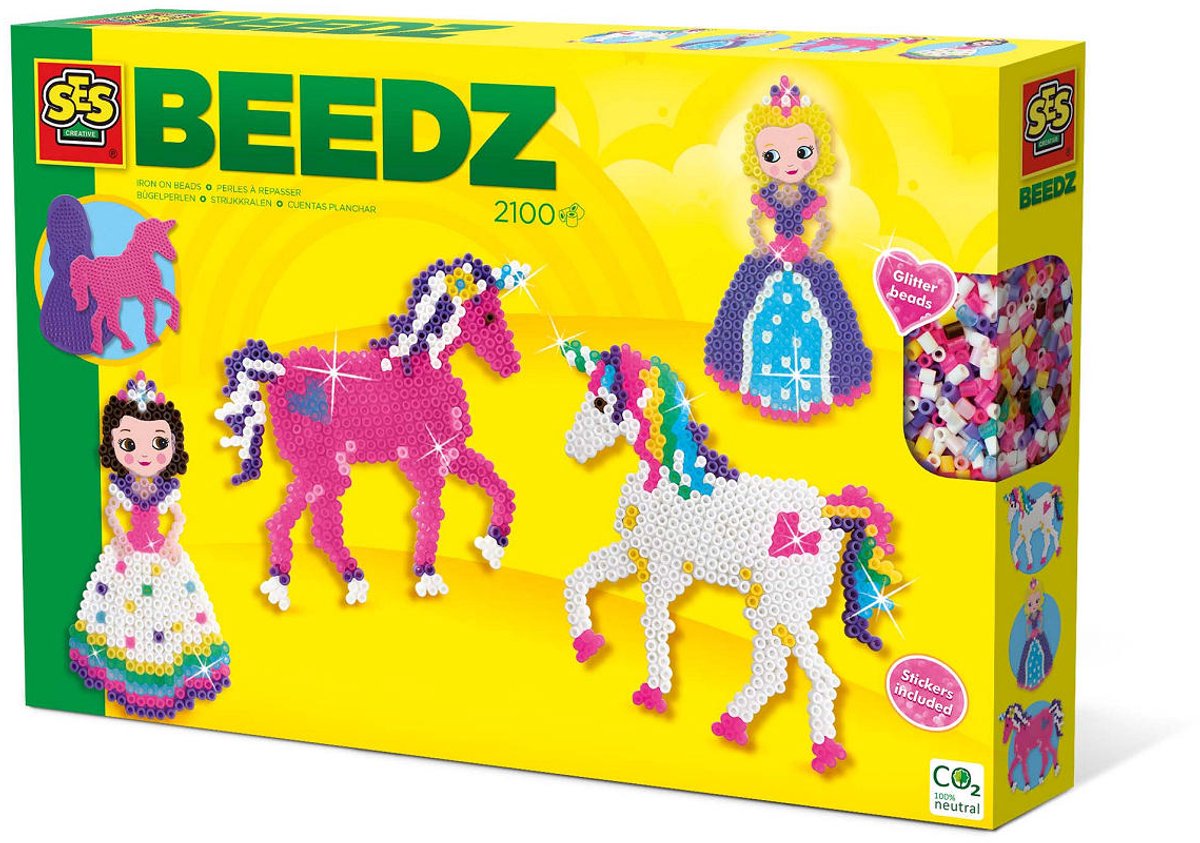 Ses creative - beedz - licornes et princesses - 2100 perles thermocollantes avec plaques de base et feuilles thermocollantes - dès 5 ans