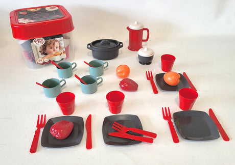 Ensemble de repas 100% chef Ecoiffier avec aliments ludiques, 34 pièces.