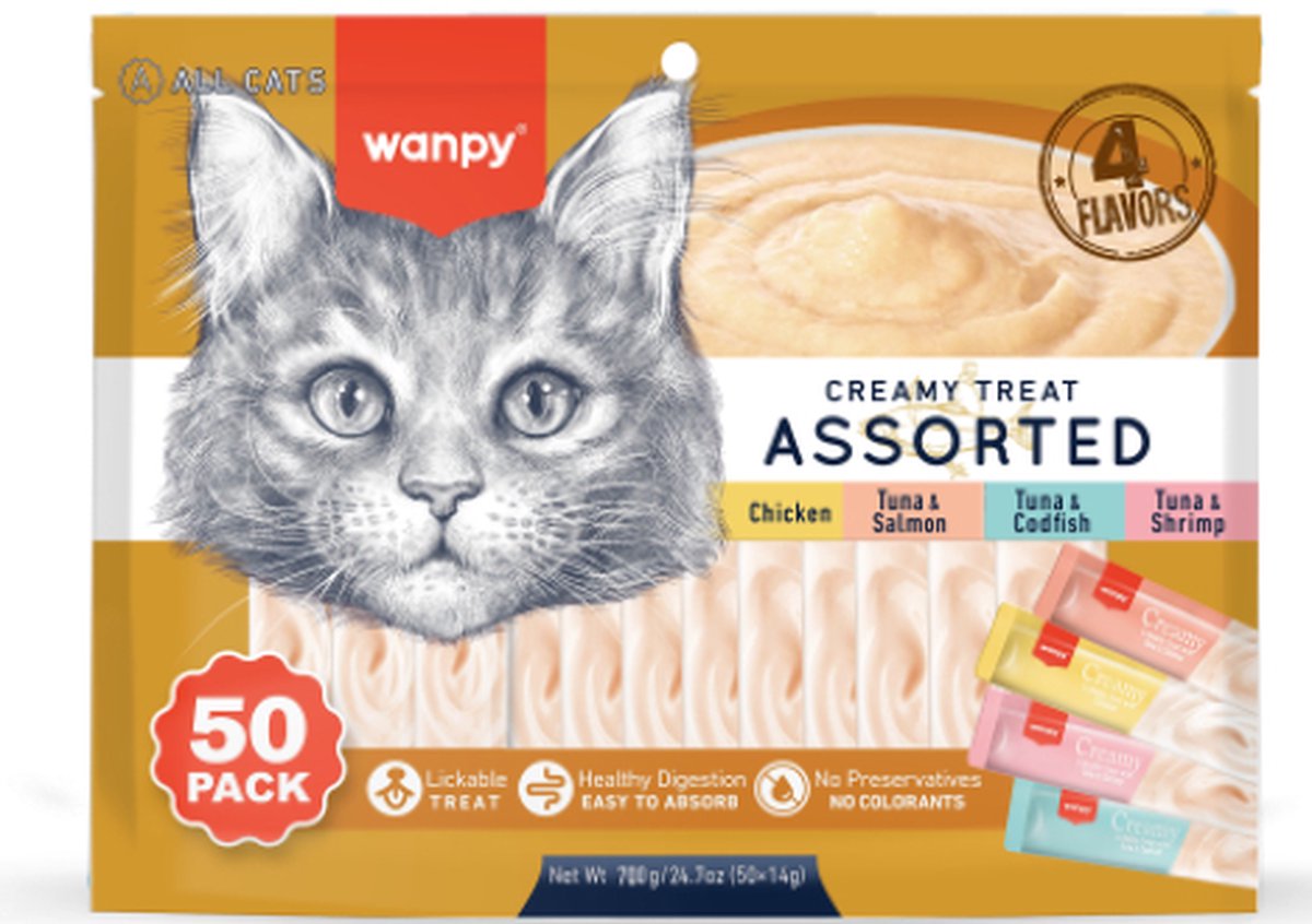 Wanpy snacks à lécher 4 saveurs - snacks pour chats - 50 pièces - friandises pour chats