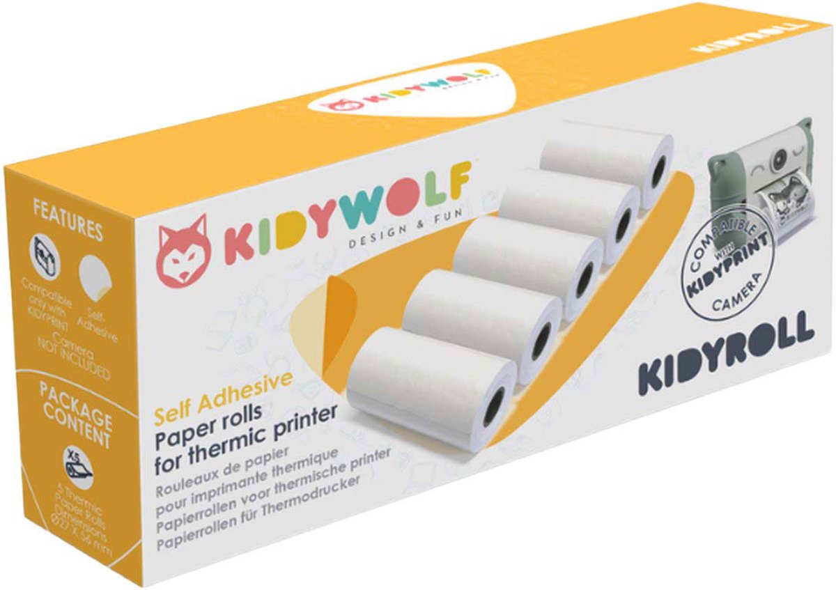 Kidywolf kidyroll papier thermique autocollants autocollants pour kidyprint k-print – 5 rouleaux, 300 impressions, compatible avec appareil photo instantané pour enfants