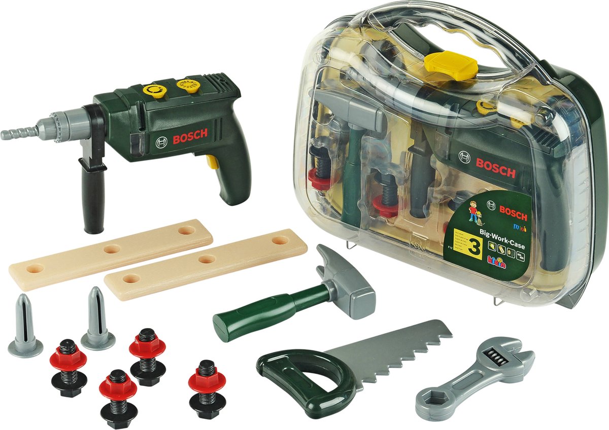 Klein Toys Bosch Mini boîte à outils jouet 16 pièces - perceuse, marteau, scie, clé à fourche et accessoires pour outils - incl. effets lumineux et sonores - vert
