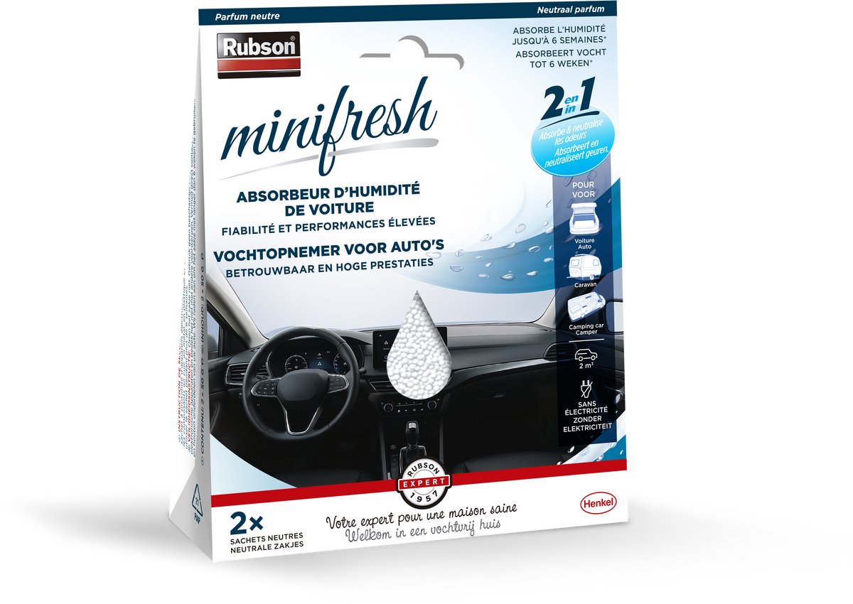 Rubson minifresh car 2 x 50 g - absorbeur d'humidité pour voiture - contre les odeurs de condensation - pour petits espaces - sans électricité