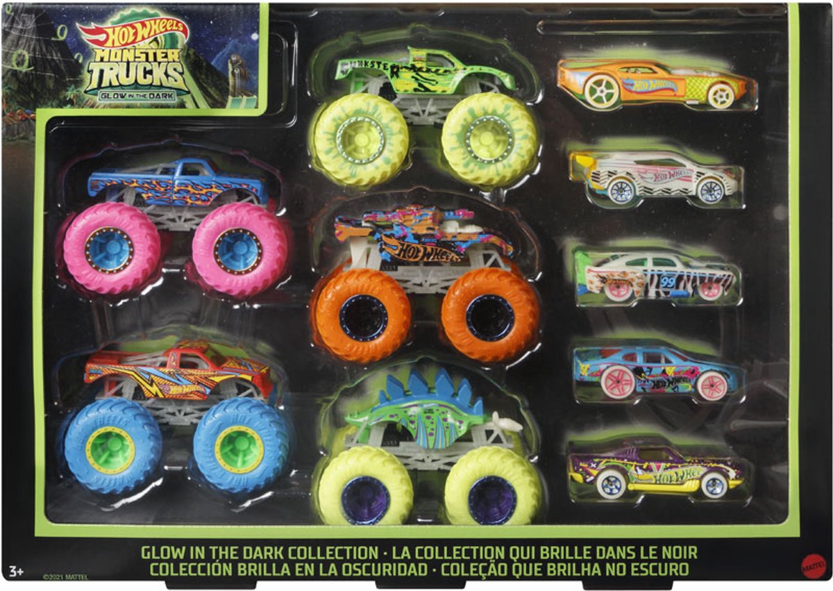 Coffret Hot Wheels Monster Trucks avec 10 véhicules jouets qui brillent dans le noir