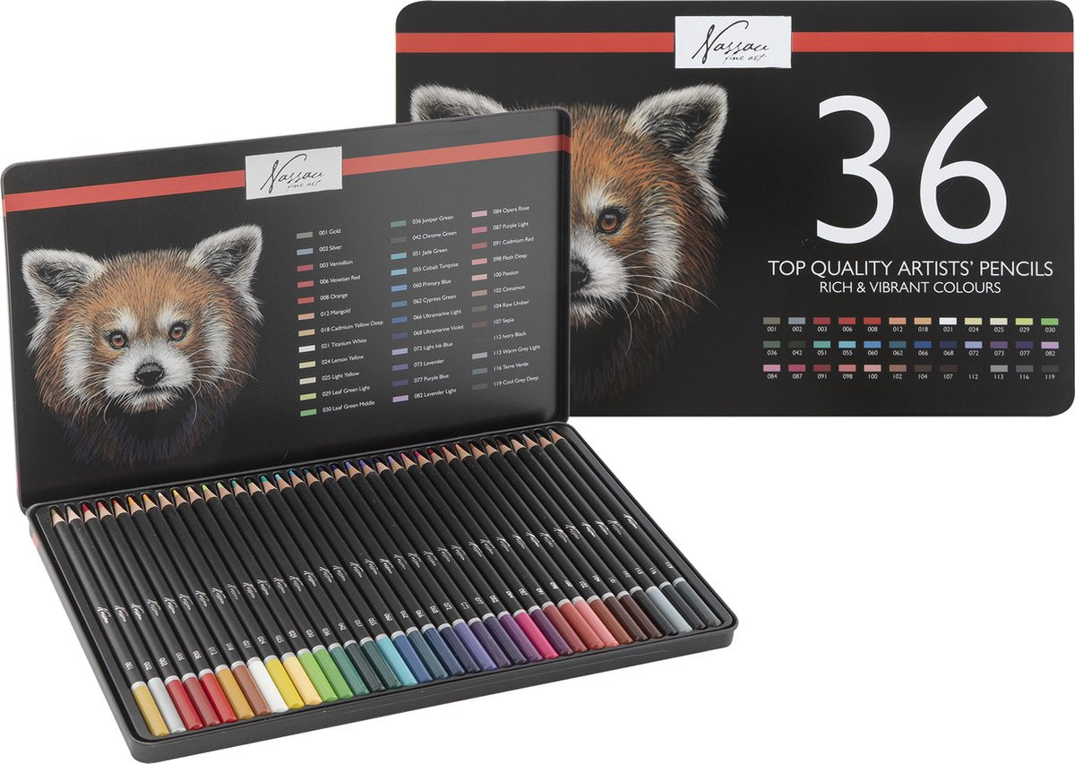 Nassau fine art professionele kleurpotloden 36-delig - rijke levendige kleuren - genummerd kleur gecodeerd - inclusief kleurtestblad - stevige opbergdoos